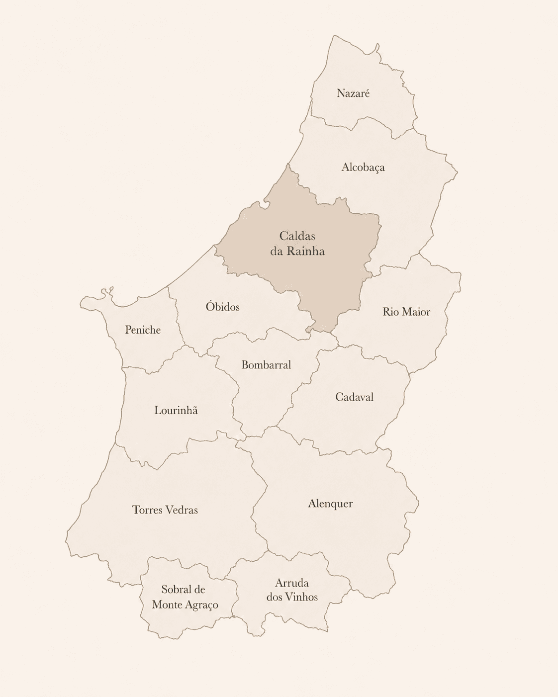Mapa da Região Oeste de Portugal e de Rio Maior, com os municípios da área de atuação da Rezzide